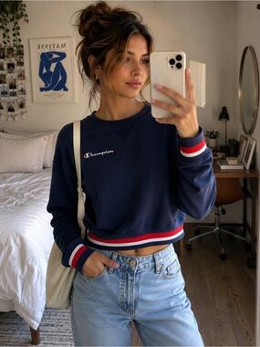 Champion Navy Crewneck Sweatshirt Red White Stripe Women’s XS